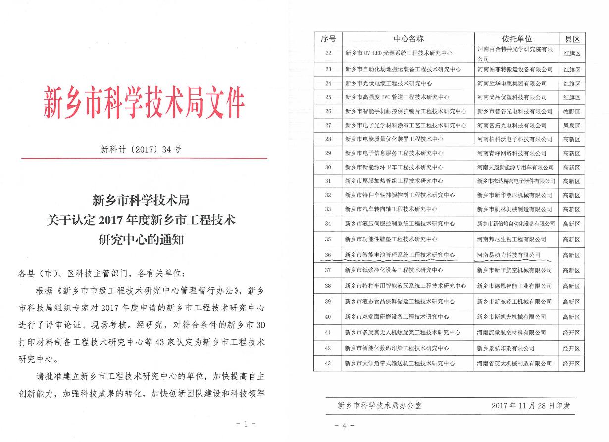 易動力公司被認定為新鄉市工程技術研究中心